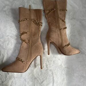Fashion Nova Tan Heeled Boots with Gold Chains